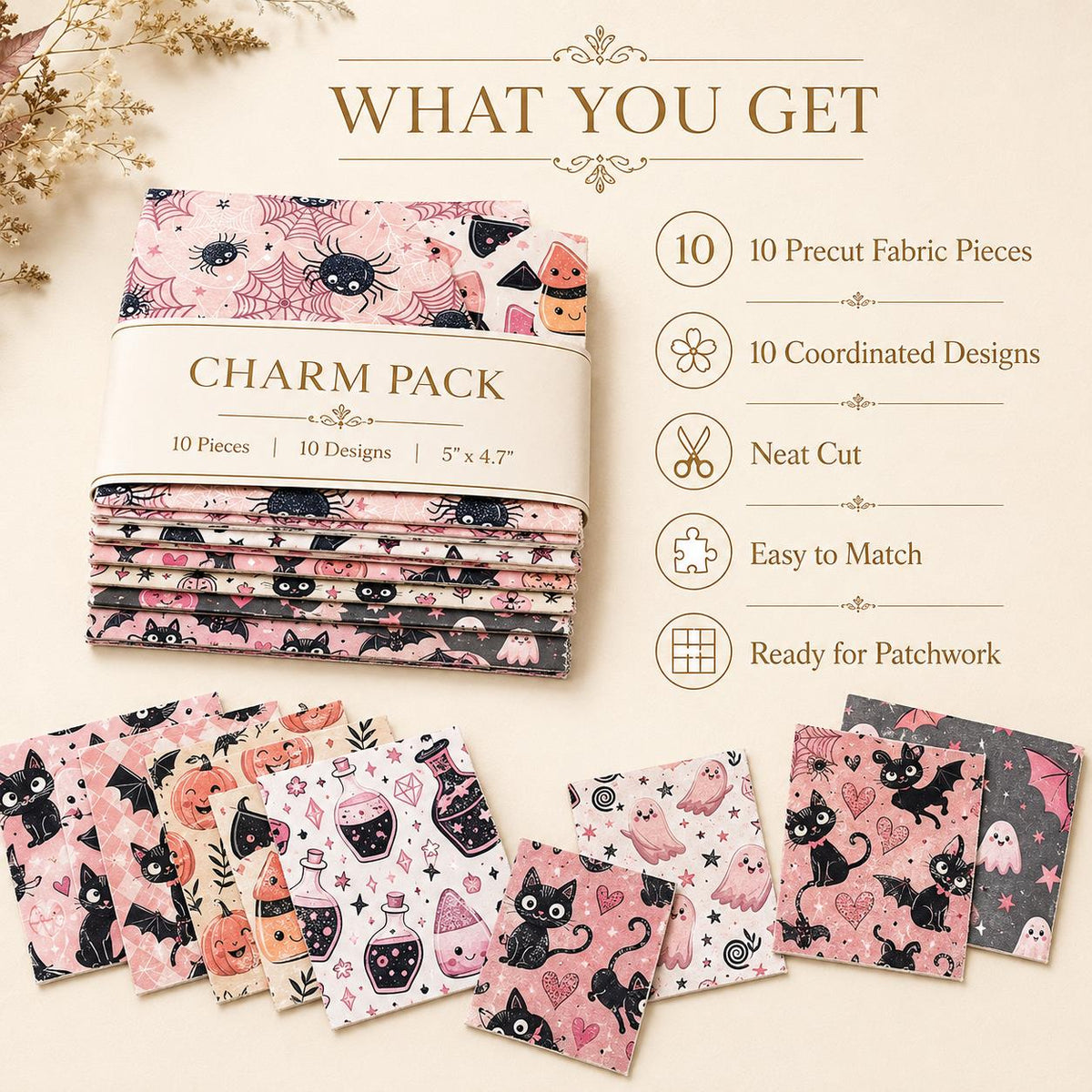 10pcs Charm Pack Set  Bat Ghost Cat Pumpkin Halloween Vintage Style Pattern Handmade DIY with Rich Color and Texture Elements 100% Polyester Patchwork in 10 Design Styles Suitable for Patchwork DIY Craft Projects DIY Wallet Making Gift Giving Bag Making