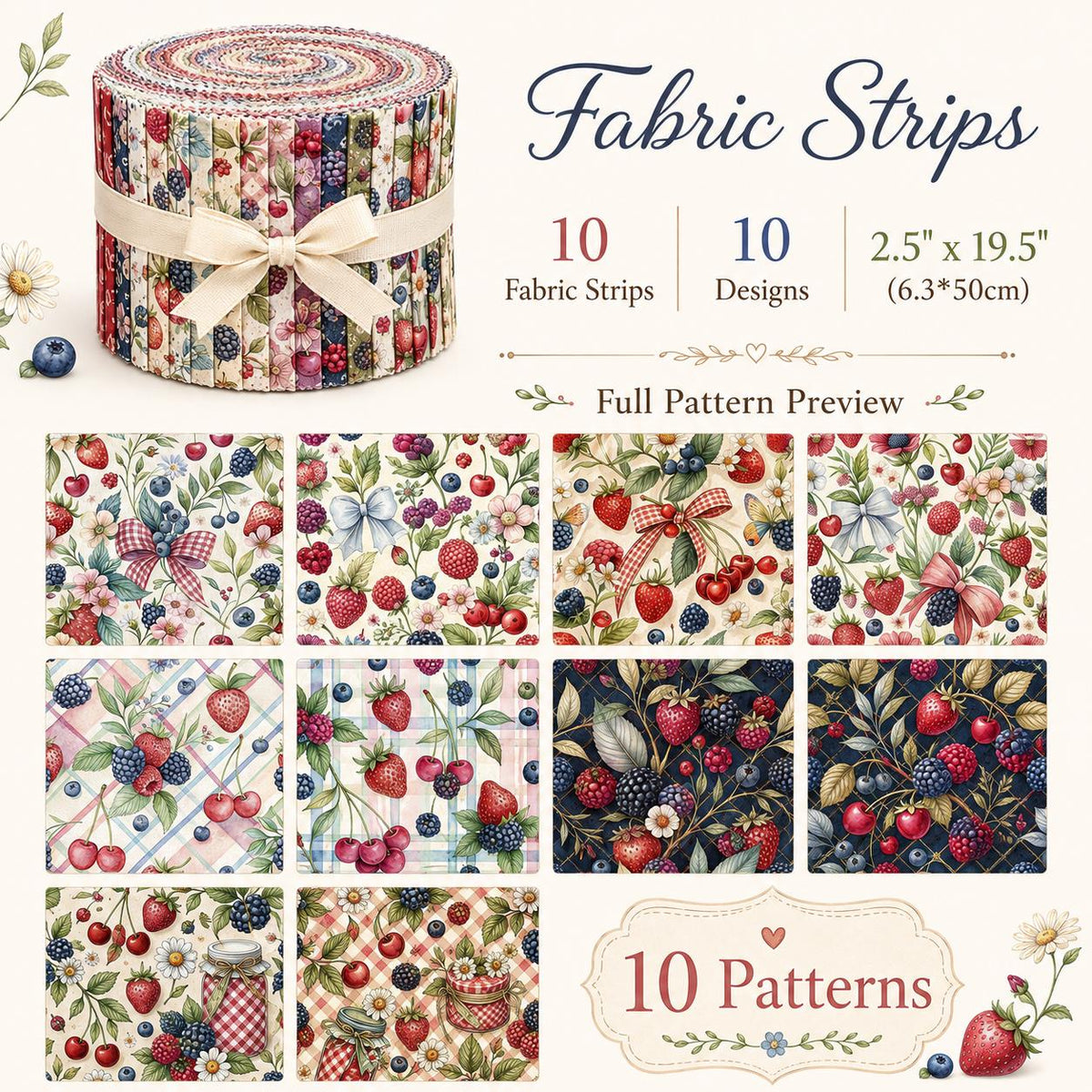 10pcs Vintage Strawberry Blueberry Floral Pattern Jelly Roll Fabric Strips 2.5X19.7inch Pre-Cut 100% Polyester For Patchwork Quilts, Table Runners, Placemats, Tote Bags, Storage Pouches, Makeup Bags, Coasters, Quilt Blocks & Binding