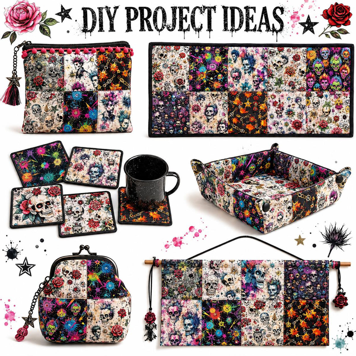 10Pc/Set Halloween Series Flower Skull Rose Fat Quarter Fabric, Pre-Cut Square Fabric Assort, Fabric Set, Craft Fabric, Handmade DIY Patchwork Fabric,Home Quilting Sewing Fabric, Packaging Fabric, Scrapbooking Craft Hobbyist