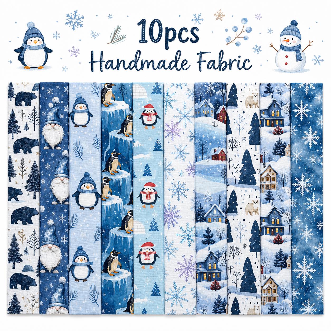 10pcs Vintage Penguin Snow Jelly Roll Fabric Strips 2.5X19.7inch Pre-Cut 100% Polyester For Patchwork Quilts, Table Runners, Placemats, Tote Bags, Storage Pouches, Makeup Bags, Coasters, Quilt Blocks & Binding Christmas Day Gift