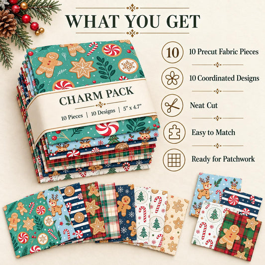 10Pc/Set Christmas Series Stripe Deer Dot Crutch Holly Tree Fat Quarter Fabric, Pre-Cut Square Fabric Assort, Fabric Set, Craft Fabric, Handmade DIY Patchwork Fabric,Home Quilting Sewing Fabric, Packaging Fabric, Scrapbooking Craft Hobbyist