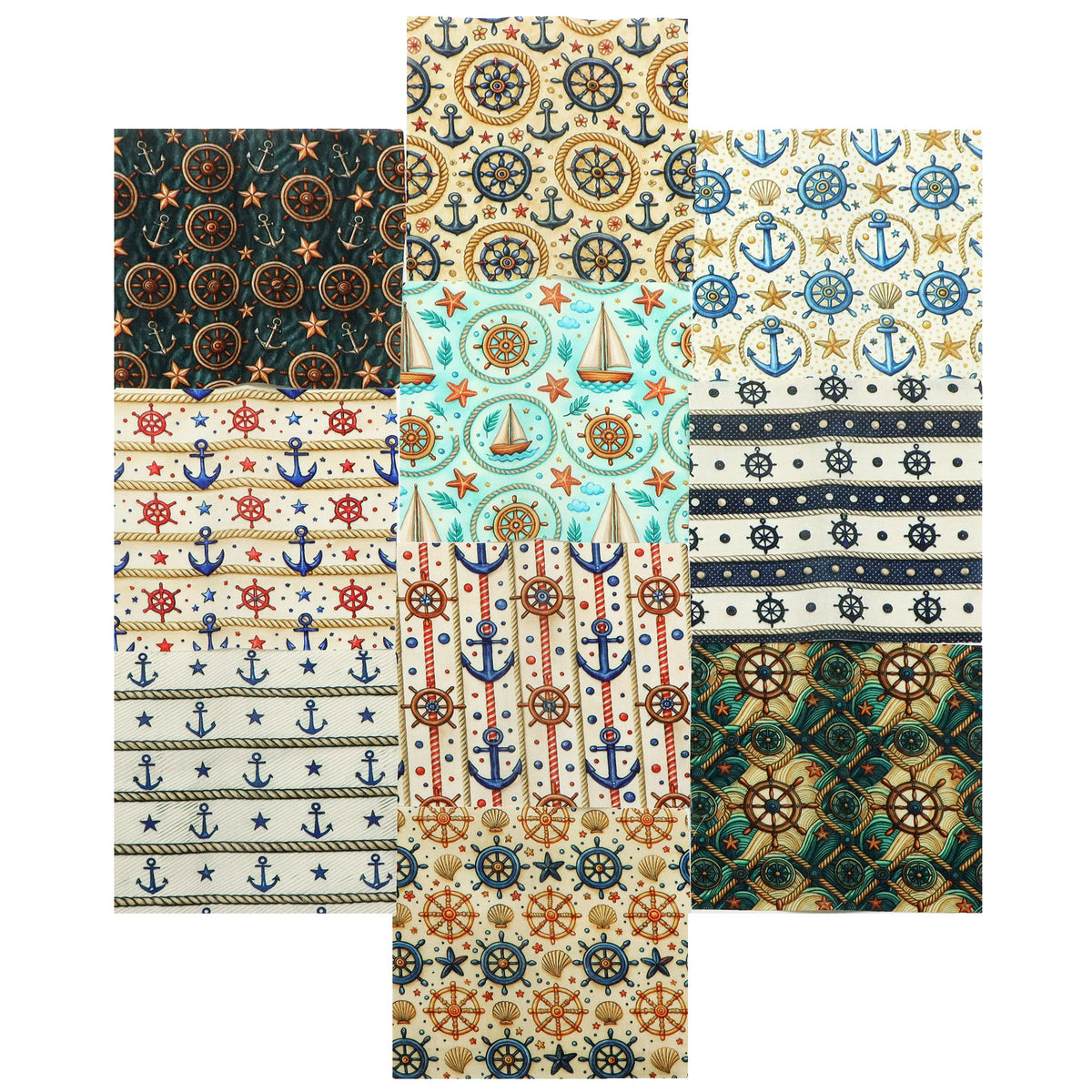 10pcs Charm Pack Set Anchor Pattern 100% Polyester Patchwork in 10 Design Styles, Ready-to-Sew Without Cutting, Suitable For Patchwork Wallet Making Gift Giving Tote Bags Coasters DIY Craft Projects