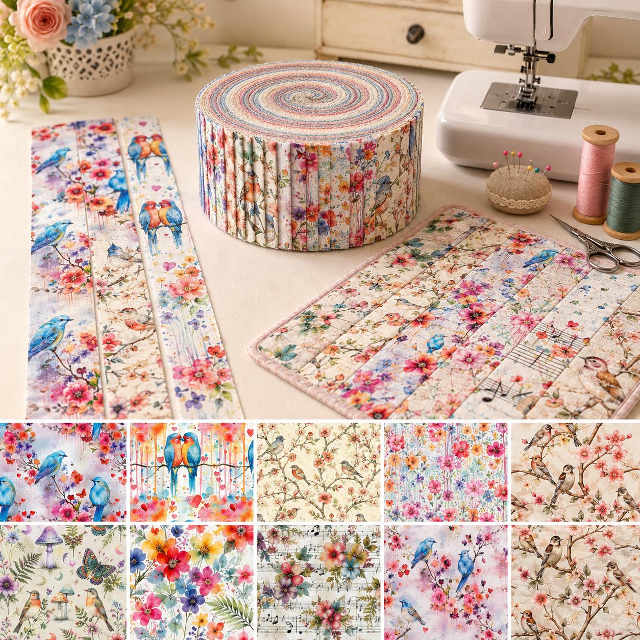 10Pc/Set, Making 10 Images 1pc Each, Each Size: 6.3*50cm Spring Bird Series Sliced Fabric Set Style Combination, Polyester Jelly Roll Fabric Strips, Pre-Cut Quilting Squares, For Quilting DIY, Handicrafts And Sewing, Blankets, Rugs, Interior Decoration