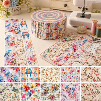 10Pc/Set, Making 10 Images 1pc Each, Each Size: 6.3*50cm Spring Bird Series Sliced Fabric Set Style Combination, Polyester Jelly Roll Fabric Strips, Pre-Cut Quilting Squares, For Quilting DIY, Handicrafts And Sewing, Blankets, Rugs, Interior Decoration