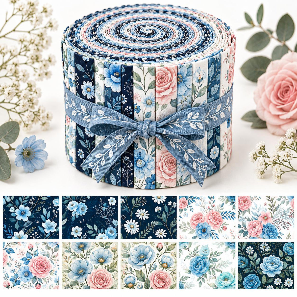 10pcs Vintage Blue Floral Pattern Jelly Roll Fabric Strips 2.5X19.7inch Pre-Cut 100% Polyester For Patchwork Quilts, Table Runners, Placemats, Tote Bags, Storage Pouches, Makeup Bags, Coasters, Quilt Blocks & Binding