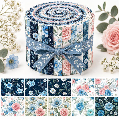 10pcs Vintage Blue Floral Pattern Jelly Roll Fabric Strips 2.5X19.7inch Pre-Cut 100% Polyester For Patchwork Quilts, Table Runners, Placemats, Tote Bags, Storage Pouches, Makeup Bags, Coasters, Quilt Blocks & Binding