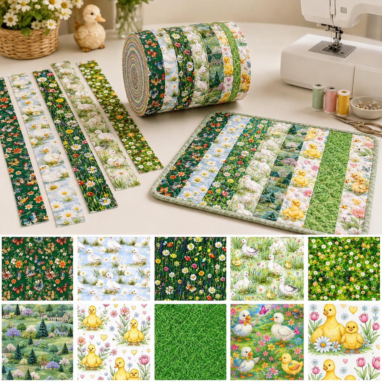 10pcs Vintage Duck Grass Jelly Roll Fabric Strips 2.5X19.7inch Pre-Cut 100% Polyester For Patchwork Quilts, Table Runners, Placemats, Tote Bags, Storage Pouches, Makeup Bags, Coasters, Quilt Blocks & Binding Birthday Gift