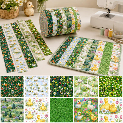 10pcs Vintage Duck Grass Jelly Roll Fabric Strips 2.5X19.7inch Pre-Cut 100% Polyester For Patchwork Quilts, Table Runners, Placemats, Tote Bags, Storage Pouches, Makeup Bags, Coasters, Quilt Blocks & Binding Birthday Gift