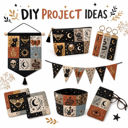 10pcs Charm Pack Set Cat Hand Skull Vintage Style Pattern Handmade DIY with Rich Color and Texture Elements 100% Polyester Patchwork in 10 Design Styles Suitable for Patchwork DIY Craft Projects DIY Wallet Making Gift Giving Bag Making Mother's Day Gift