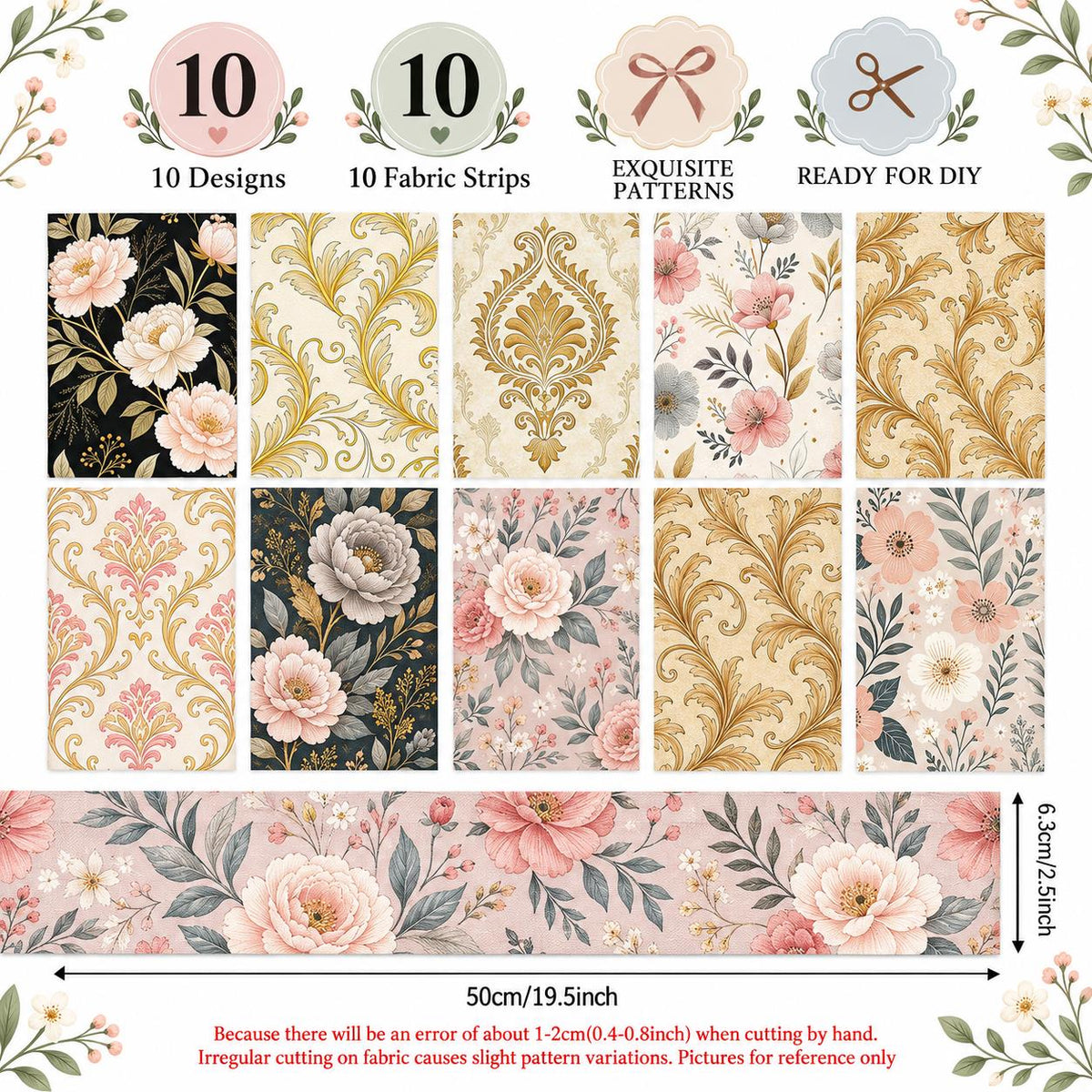 10pcs Vintage Floral Burgundy Pattern Jelly Roll Fabric Strips 2.5X19.7inch Pre-Cut 100% Polyester For Patchwork Quilts, Table Runners, Placemats, Tote Bags, Storage Pouches, Makeup Bags, Coasters, Quilt Blocks & Binding
