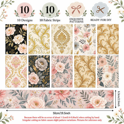10pcs Vintage Floral Burgundy Pattern Jelly Roll Fabric Strips 2.5X19.7inch Pre-Cut 100% Polyester For Patchwork Quilts, Table Runners, Placemats, Tote Bags, Storage Pouches, Makeup Bags, Coasters, Quilt Blocks & Binding