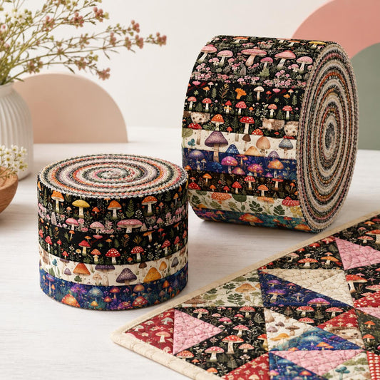 10pcs Vintage Mushroom Pattern Jelly Roll Fabric Strips 2.5X19.7inch Pre-Cut 100% Cotton For Patchwork Quilts, Table Runners, Placemats, Tote Bags, Storage Pouches, Makeup Bags, Coasters, Quilt Blocks & Binding