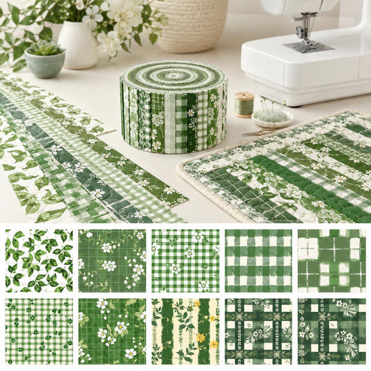 10pcs Vintage Floral Green Pattern Jelly Roll Fabric Strips 2.5X19.7inch Pre-cut 100% Polyester for Patchwork Quilts, Table Runners, Placemats, Tote Bags, Storage Pouches, Makeup Bags, Coasters, Quilt Blocks & Binding Multi-color