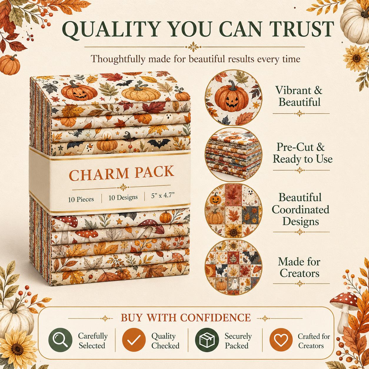 10Pc/Set Halloween Autumn Series Skull Pumpkin Mushroom Maple Leaf Bat Fat Quarter Fabric, Pre-Cut Square Fabric Assort, Fabric Set, Craft Fabric, Handmade DIY Patchwork Fabric,Home Quilting Sewing Fabric, Packaging Fabric, Scrapbooking Craft Hobbyist