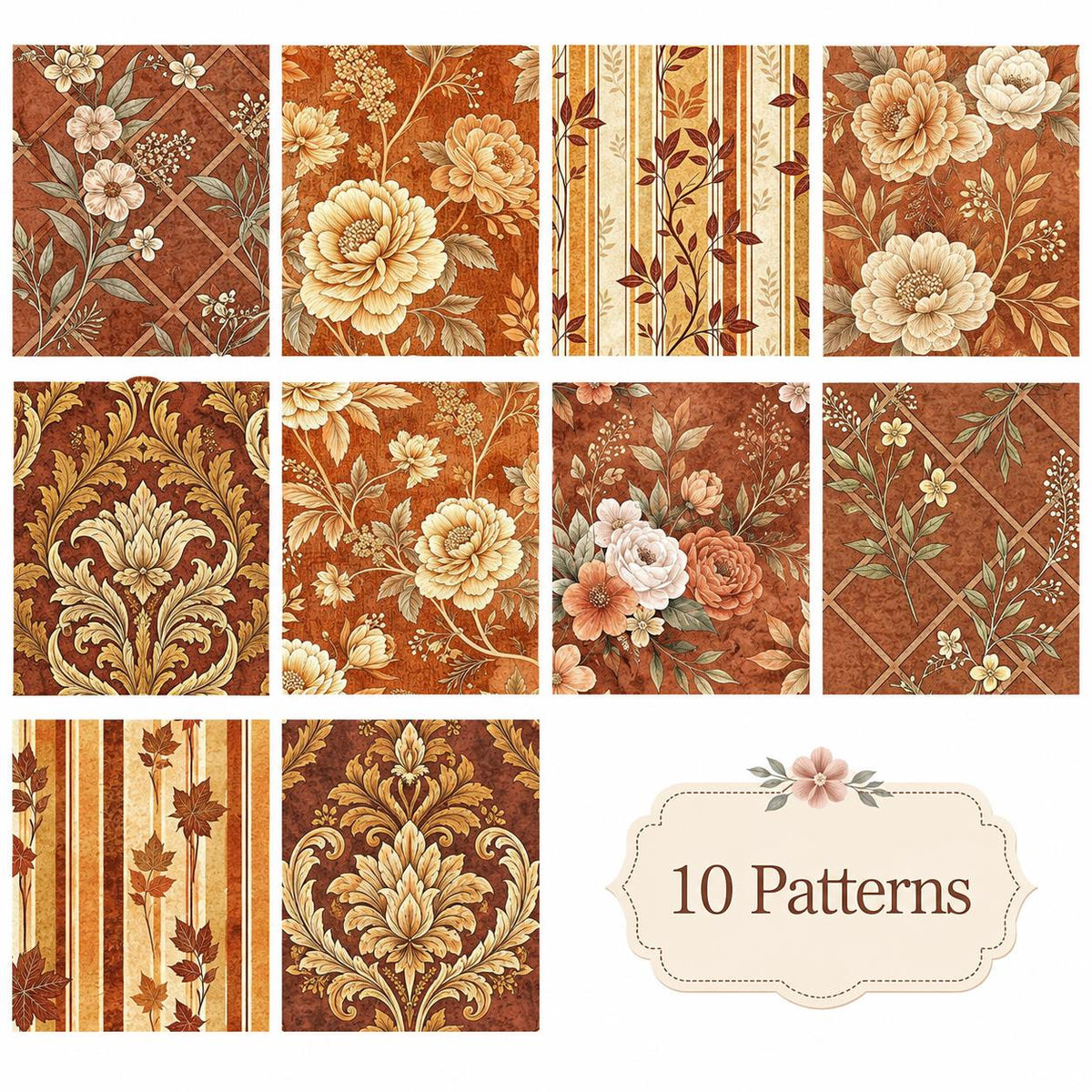 10pcs Vintage Autumn Floral Pattern Jelly Roll Fabric Strips 2.5X19.7inch Pre-Cut 100% Polyester For Patchwork Quilts, Table Runners, Placemats, Tote Bags, Storage Pouches, Makeup Bags, Coasters, Quilt Blocks & Binding