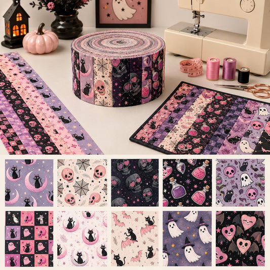 10pcs Vintage Ghost Skull Cat Bat Halloween Theme Jelly Roll Fabric Strips 2.5X19.7inch Pre-Cut 100% Polyester For Patchwork Quilts, Table Runners, Placemats, Tote Bags, Storage Pouches, Makeup Bags, Coasters, Quilt Blocks & Binding