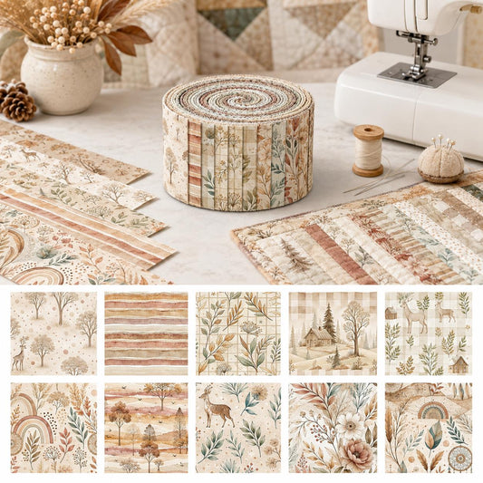 10pcs Vintage Deer Leaf Autumn Pattern Jelly Roll Fabric Strips 2.5X19.7inch Pre-Cut 100% Polyester For Patchwork Quilts, Table Runners, Placemats, Tote Bags, Storage Pouches, Makeup Bags, Coasters, Quilt Blocks & Binding