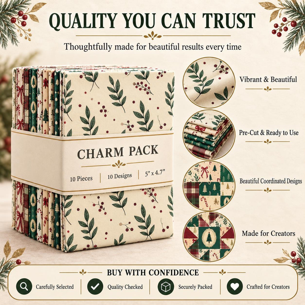 10Pc/Set Christmas Series Plaid Tree Bowknot Star Crutch Fat Quarter Fabric, Pre-Cut Square Fabric Assort, Fabric Set, Craft Fabric, Handmade DIY Patchwork Fabric,Home Quilting Sewing Fabric, Packaging Fabric, Scrapbooking Craft Hobbyist