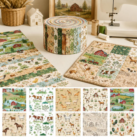 10pcs Vintage Animal Hen Rooster Cow Farm Pattern Jelly Roll Fabric Strips 2.5X19.7inch Pre-Cut 100% Polyester For Patchwork Quilts, Table Runners, Placemats, Tote Bags, Storage Pouches, Makeup Bags, Coasters, Quilt Blocks & Binding