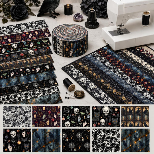 10pcs Vintage Skull Black Halloween Theme Jelly Roll Fabric Strips 2.5X19.7inch Pre-Cut 100% Cotton For Patchwork Quilts, Table Runners, Placemats, Tote Bags, Storage Pouches, Makeup Bags, Coasters, Quilt Blocks & Binding