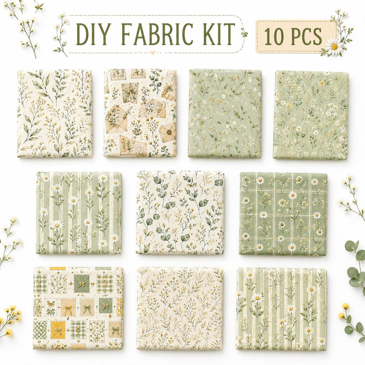 10pcs Charm Pack Set Green Floral Pattern 100% Polyester Patchwork in 10 Design Styles, Ready-to-Sew Without Cutting, Suitable For Patchwork Wallet Making Gift Giving Tote Bags Coasters DIY Craft Projects