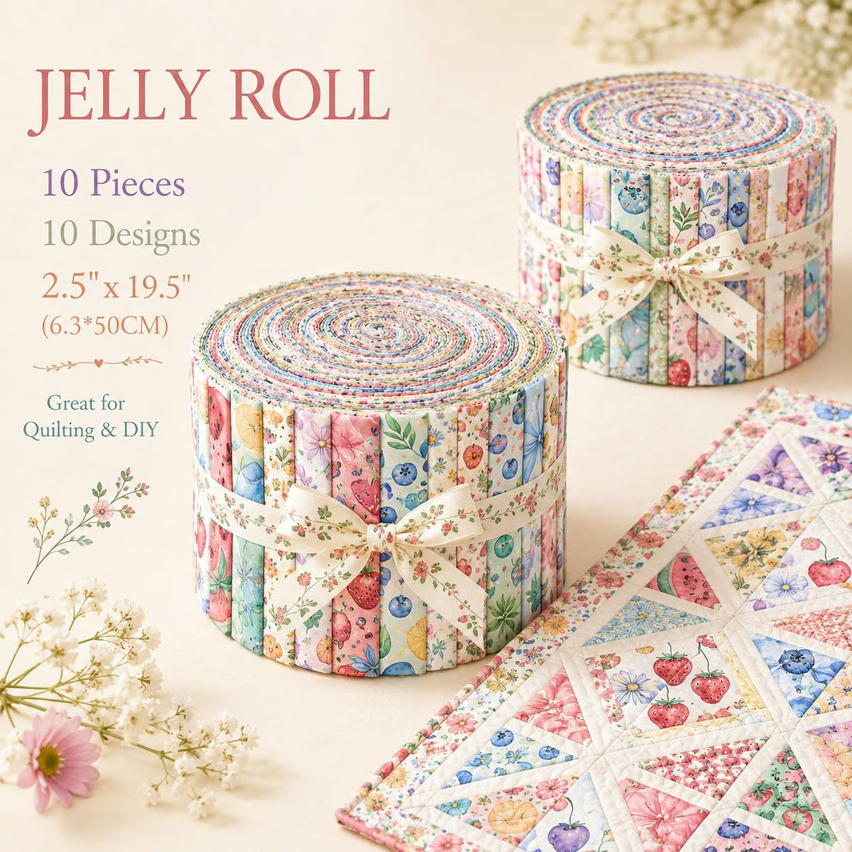10pcs Vintage Strawberry Fruit Watermelon Pattern Purple Jelly Roll Fabric Strips 2.5X19.7inch Pre-cut 100% Polyester for Patchwork Quilts, Table Runners, Placemats, Tote Bags, Storage Pouches, Makeup Bags, Coasters, Quilt Blocks & Binding