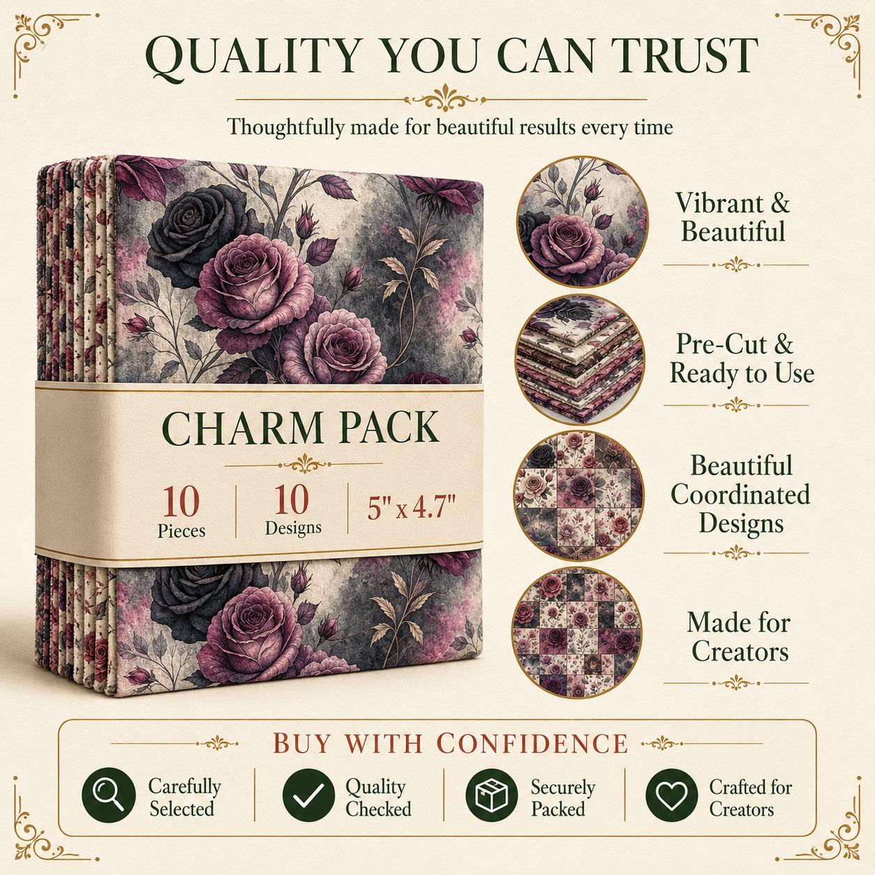 10pcs Charm Pack Set Floral Vintage Style Pattern Handmade DIY with Rich Color and Texture Elements 100% Polyester Patchwork in 10 Design Styles Suitable for Patchwork DIY Craft Projects DIY Wallet Making Gift Giving Bag Making Mother's Day Gift