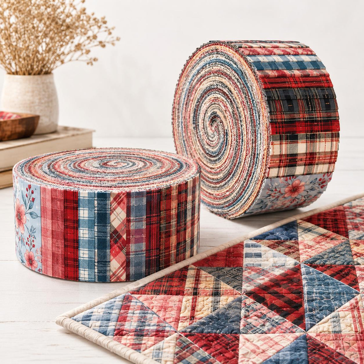 10pcs Vintage Plaid Red Floral Pattern Jelly Roll Fabric Strips 2.5X19.7inch Pre-Cut 100% Polyester For Patchwork Quilts, Table Runners, Placemats, Tote Bags, Storage Pouches, Makeup Bags, Coasters, Quilt Blocks & Binding