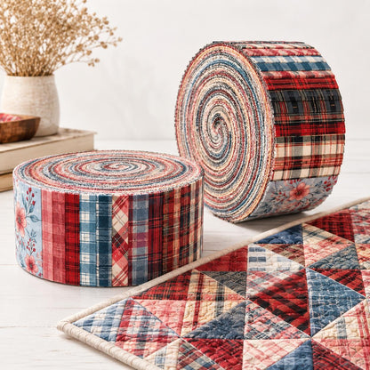 10pcs Vintage Plaid Red Floral Pattern Jelly Roll Fabric Strips 2.5X19.7inch Pre-Cut 100% Polyester For Patchwork Quilts, Table Runners, Placemats, Tote Bags, Storage Pouches, Makeup Bags, Coasters, Quilt Blocks & Binding