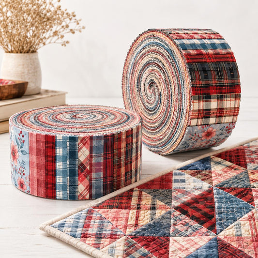 10pcs Vintage Plaid Red Floral Pattern Jelly Roll Fabric Strips 2.5X19.7inch Pre-Cut 100% Polyester For Patchwork Quilts, Table Runners, Placemats, Tote Bags, Storage Pouches, Makeup Bags, Coasters, Quilt Blocks & Binding