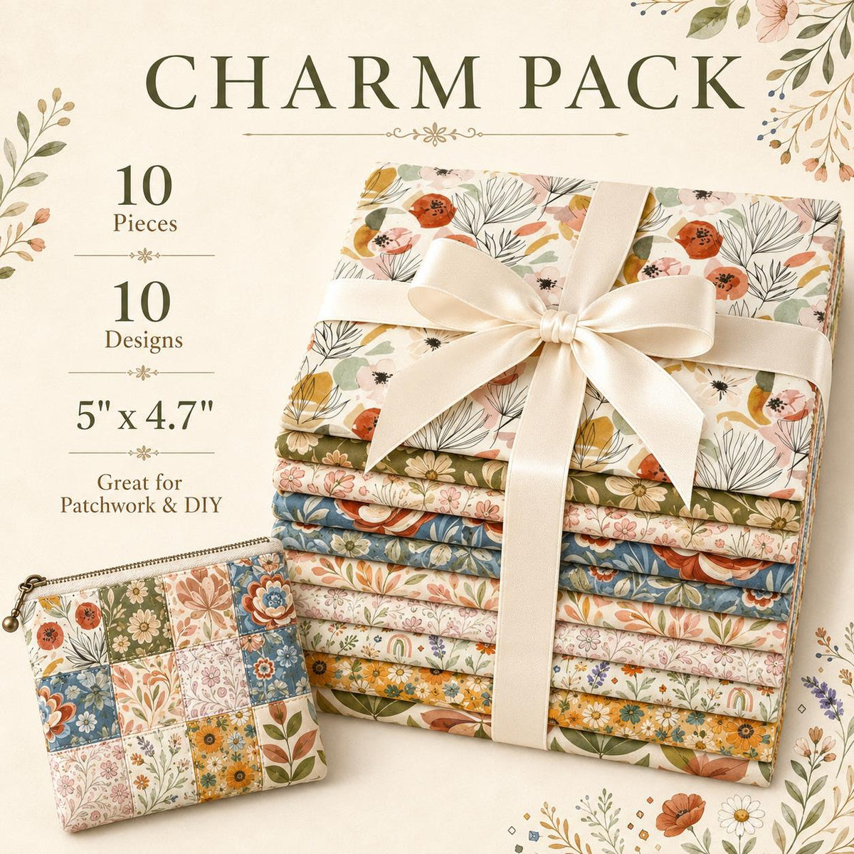 10pcs Charm Pack Set Floral Pattern Vintage Style Handmade DIY with Rich Color and Texture Elements 100% Polyester Patchwork in 10 Design Styles Suitable for Patchwork DIY Craft Projects DIY Wallet Making Gift Giving Bag Making Mother's Day Gift