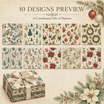 10Pc/Set Christmas Series Bowknot Star Flower Deer Holly Christmas Tree Fat Quarter Fabric, Pre-Cut Square Fabric Assort, Fabric Set, Craft Fabric, Handmade DIY Patchwork Fabric,Home Quilting Sewing Fabric, Packaging Fabric, Scrapbooking Craft Hobbyist