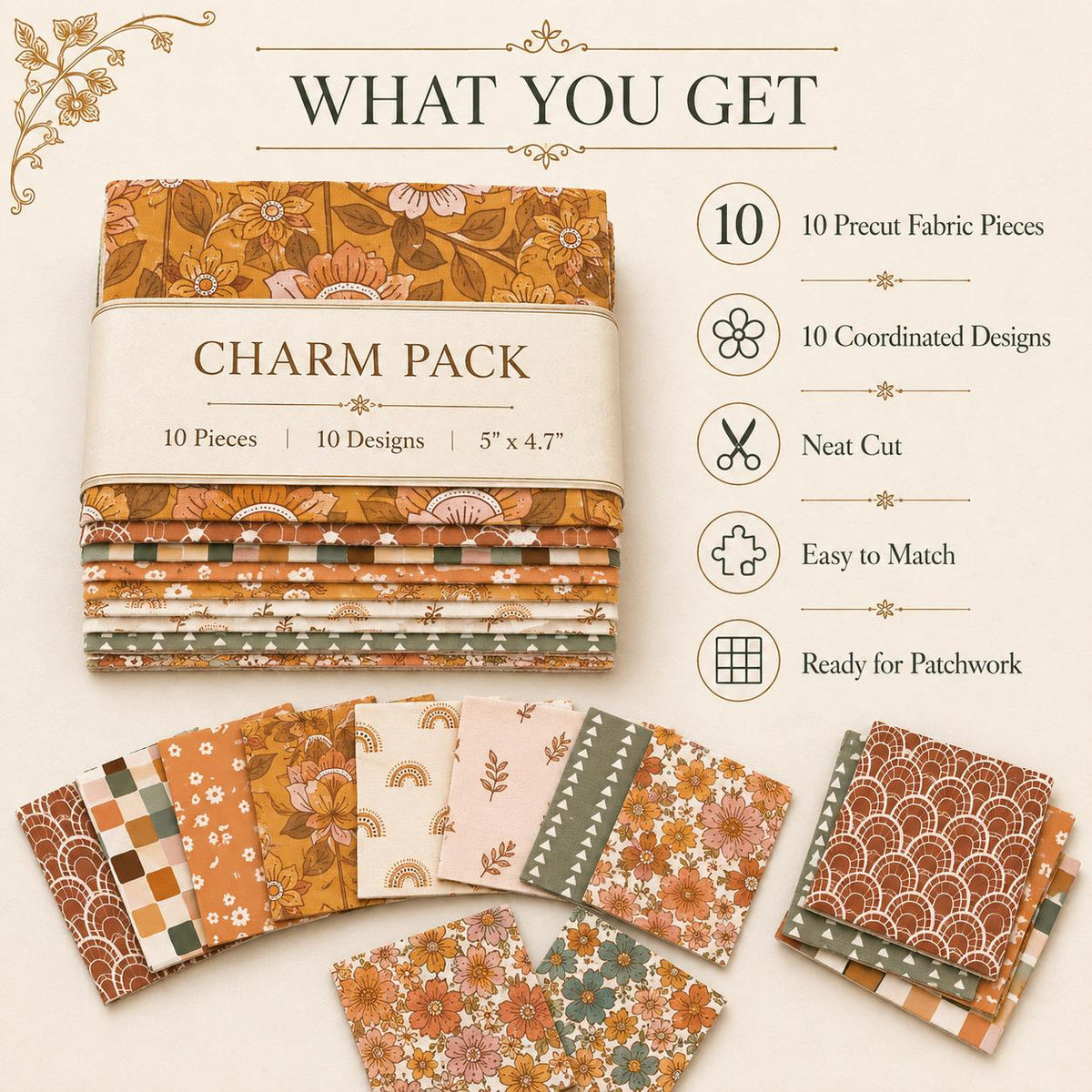 10pcs Charm Pack Set Floral Autumn Pattern 100% Polyester Patchwork in 10 Design Styles, Ready-to-Sew Without Cutting, Suitable For Patchwork Wallet Making Gift Giving Tote Bags Coasters DIY Craft Projects