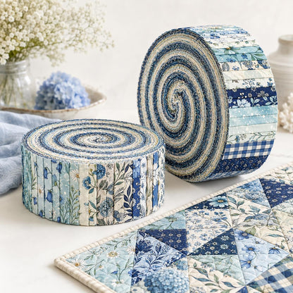 10pcs Vintage Blue Hydrangea Floral Pattern Jelly Roll Fabric Strips 2.5X19.7inch Pre-Cut 100% Polyester For Patchwork Quilts, Table Runners, Placemats, Tote Bags, Storage Pouches, Makeup Bags, Coasters, Quilt Blocks & Binding