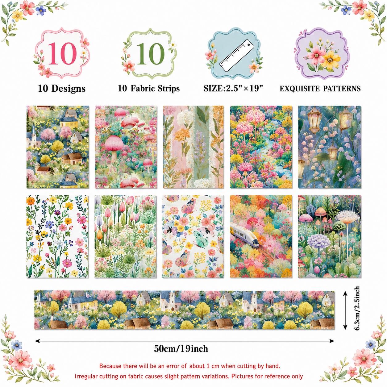 10pcs Vintage Floral Mushroom Spring Pattern Jelly Roll Fabric Strips 2.5X19.7inch Pre-cut 100% Polyester for Patchwork Quilts, Table Runners, Placemats, Tote Bags, Storage Pouches, Makeup Bags, Coasters, Quilt Blocks & Binding