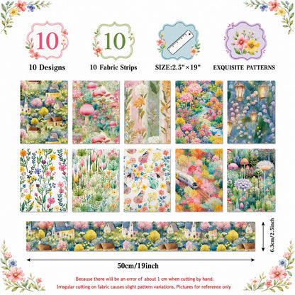 10pcs Vintage Floral Mushroom Spring Pattern Jelly Roll Fabric Strips 2.5X19.7inch Pre-cut 100% Polyester for Patchwork Quilts, Table Runners, Placemats, Tote Bags, Storage Pouches, Makeup Bags, Coasters, Quilt Blocks & Binding