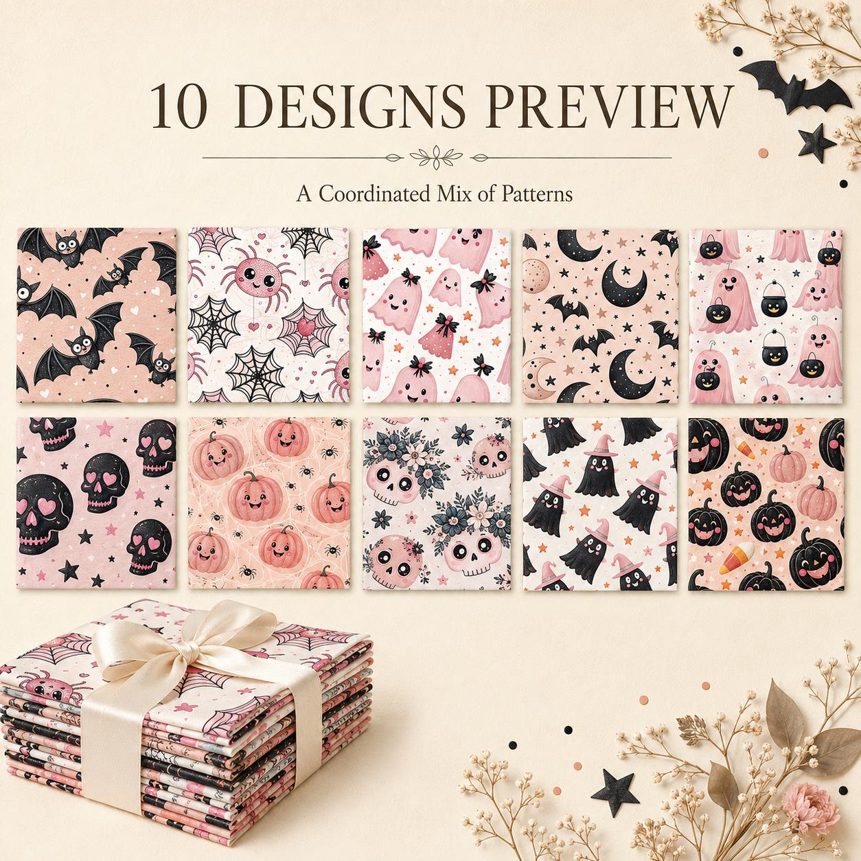 10pcs Charm Pack Set  Bat Ghost Skull Halloween Vintage Style Pattern Handmade DIY with Rich Color and Texture Elements 100% Polyester Patchwork in 10 Design Styles Suitable for Patchwork DIY Craft Projects DIY Wallet Making Gift Giving Bag Making