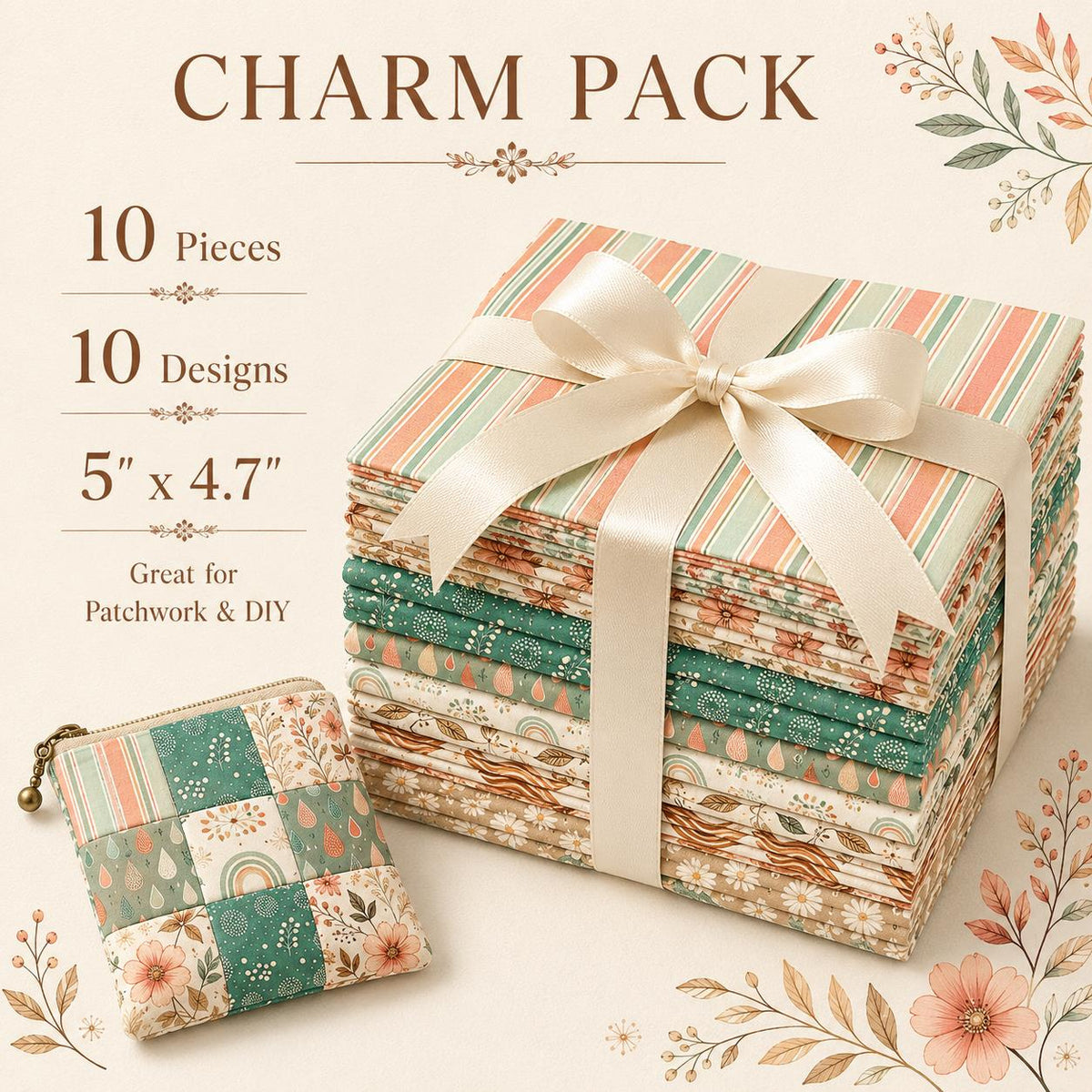 10pcs Charm Pack Set Floral Stripe Pattern Vintage Style Handmade DIY with Rich Color and Texture Elements 100% Polyester Patchwork in 10 Design Styles Suitable for Patchwork DIY Craft Projects DIY Wallet Making Gift Giving Bag Making Mother's Day Gift