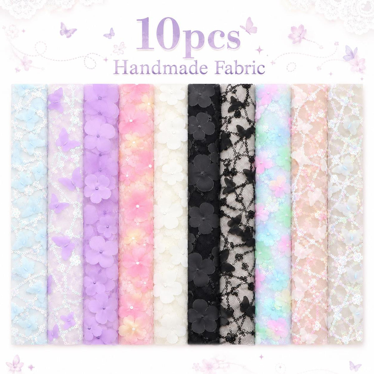 10Pc/Set, Making 10 Images 1pc Each, Each Size: 6.3*50cm Floral Butterfly Mesh Gauze Lace Series Sliced Fabric Set Style Combination, Polyester Jelly Roll Fabric Strips, Pre-Cut Quilting Squares, For Quilting DIY, Handicrafts And Sewing, Blankets, Rugs, I