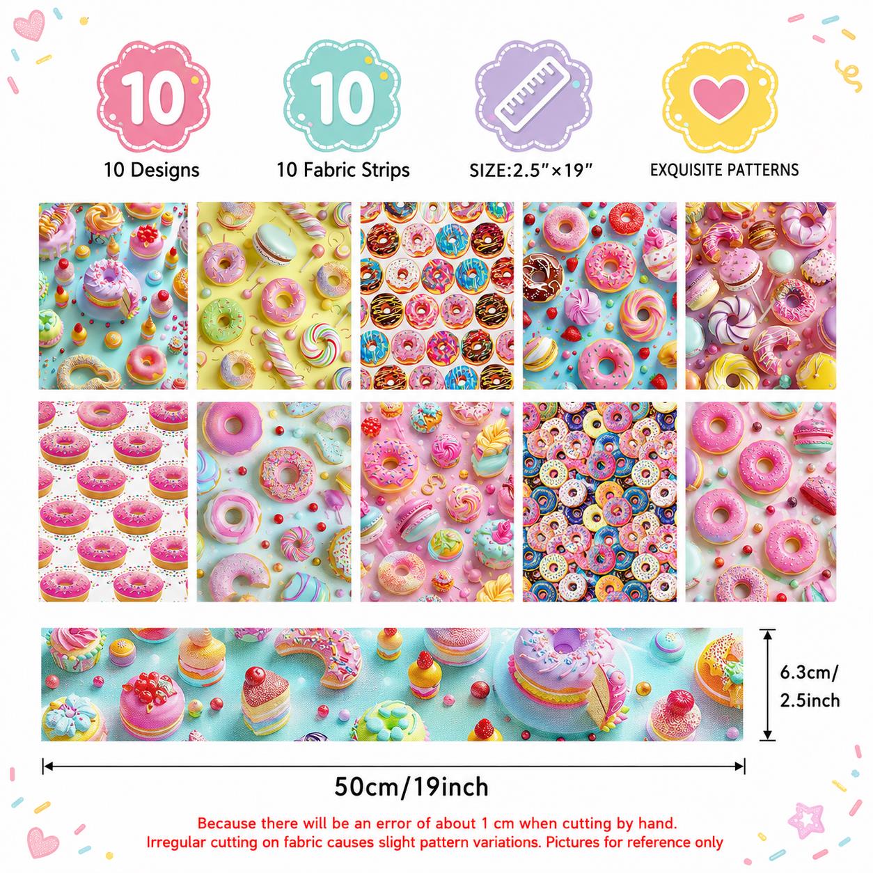 10pcs Donuts Jelly Roll Fabric Strips 2.5X19.7inch Pre-Cut 100% Polyester For Patchwork Quilts, Table Runners, Placemats, Tote Bags, Storage Pouches, Makeup Bags, Coasters, Quilt Blocks & Binding