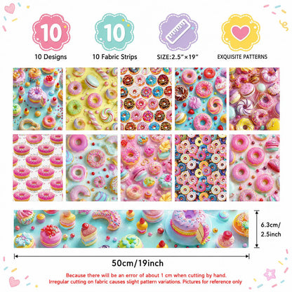 10pcs Donuts Jelly Roll Fabric Strips 2.5X19.7inch Pre-Cut 100% Polyester For Patchwork Quilts, Table Runners, Placemats, Tote Bags, Storage Pouches, Makeup Bags, Coasters, Quilt Blocks & Binding