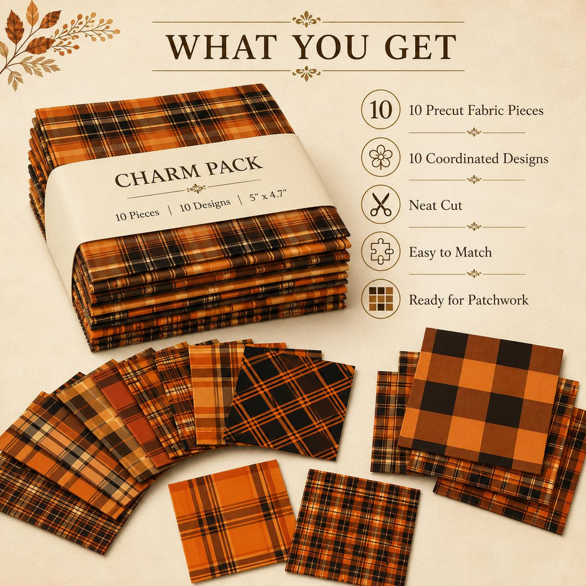10pcs Charm Pack Set Plaid Pattern Vintage Style Handmade DIY with Rich Color and Texture Elements 100% Polyester Patchwork in 10 Design Styles Suitable for Patchwork DIY Craft Projects DIY Wallet Making Gift Giving Bag Making Mother's Day Gift