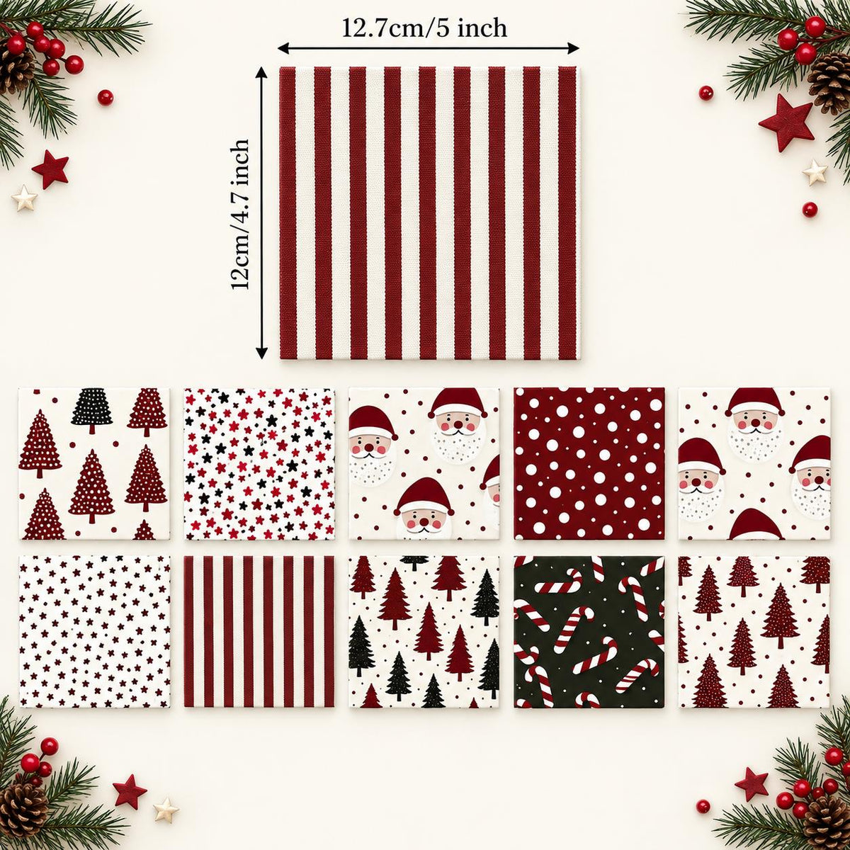 10Pc/Set Christmas Series Star Tree Stripe Dot Crutch Fat Quarter Fabric, Pre-Cut Square Fabric Assort, Fabric Set, Craft Fabric, Handmade DIY Patchwork Fabric,Home Quilting Sewing Fabric, Packaging Fabric, Scrapbooking Craft Hobbyist