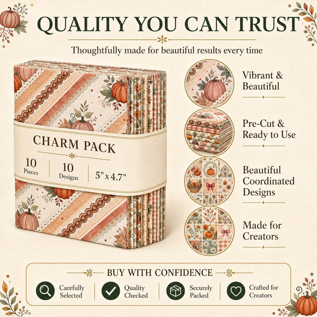 10pcs Charm Pack Set Pumpkin Autumn Pattern Vintage Style Handmade DIY with Rich Color and Texture Elements 100% Polyester Patchwork in 10 Design Styles Suitable for Patchwork DIY Craft Projects DIY Wallet Making Gift Giving Bag Making Mother's Day Gift