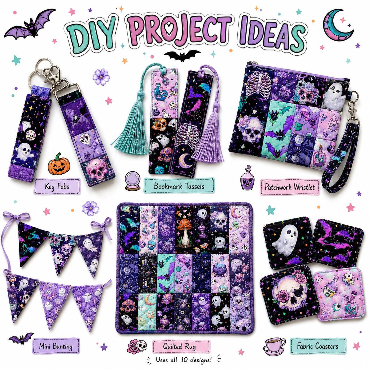 10Pc/Set, Making 10 Images 1pc Each, Each Size: 6.3*50cm Black Candy Skull Pumpkin Bat Ghost Halloween Series Sliced Fabric Set Style Combination, Polyester Jelly Roll Fabric Strips, Pre-Cut Quilting Squares, For Quilting DIY, Handicrafts And Sewing, Blan