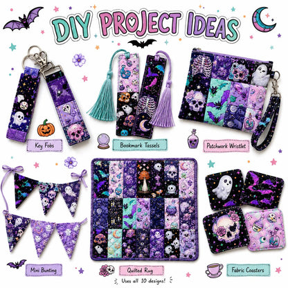 10Pc/Set, Making 10 Images 1pc Each, Each Size: 6.3*50cm Black Candy Skull Pumpkin Bat Ghost Halloween Series Sliced Fabric Set Style Combination, Polyester Jelly Roll Fabric Strips, Pre-Cut Quilting Squares, For Quilting DIY, Handicrafts And Sewing, Blan