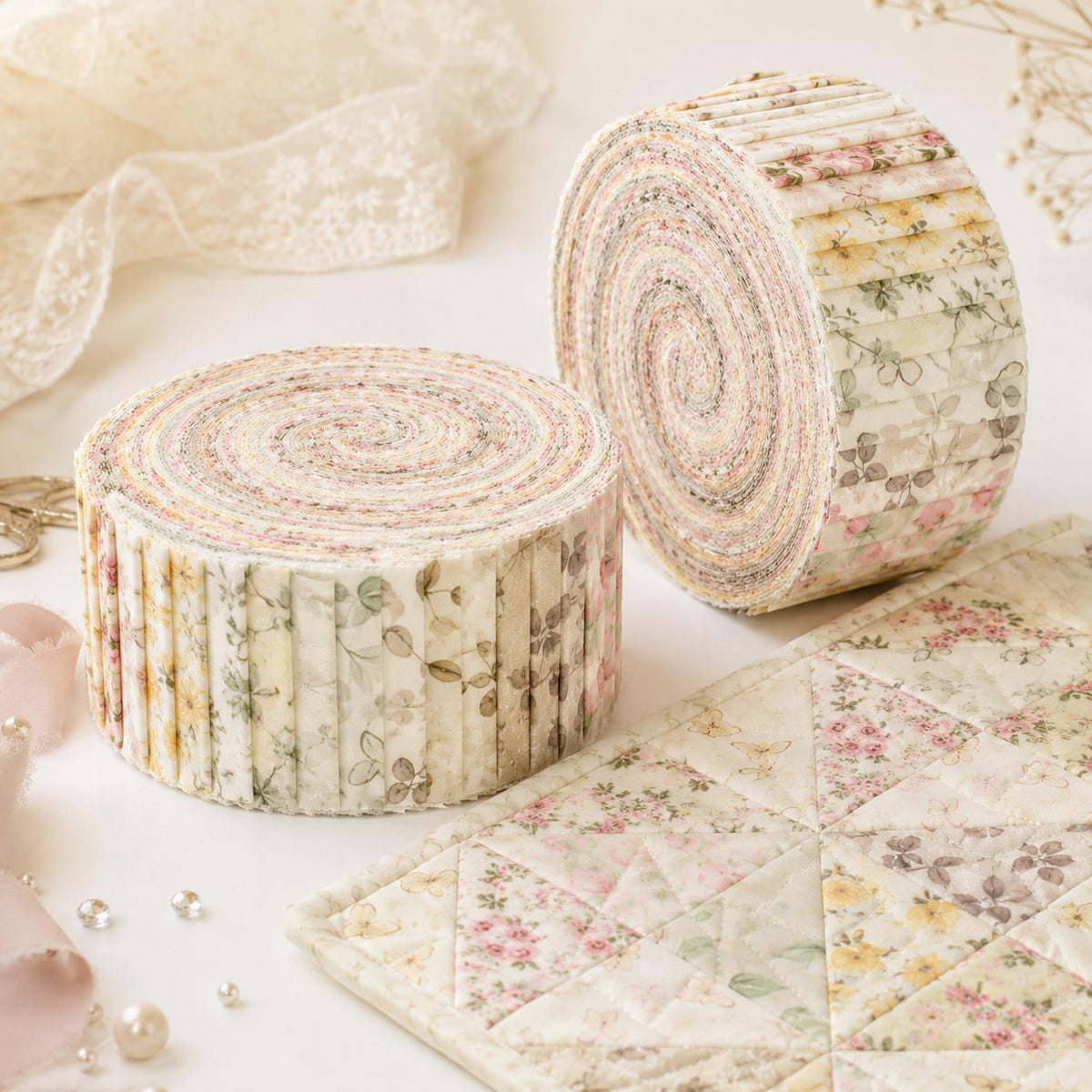 10Pc/Set, Making 10 Images 1pc Each, Each Size: 6.3*50cm Butterfly Floral Beige Series Sliced Fabric Set Style Combination, Polyester Jelly Roll Fabric Strips, Pre-Cut Quilting Squares, For Quilting DIY, Handicrafts And Sewing, Blankets, Rugs, Interior De