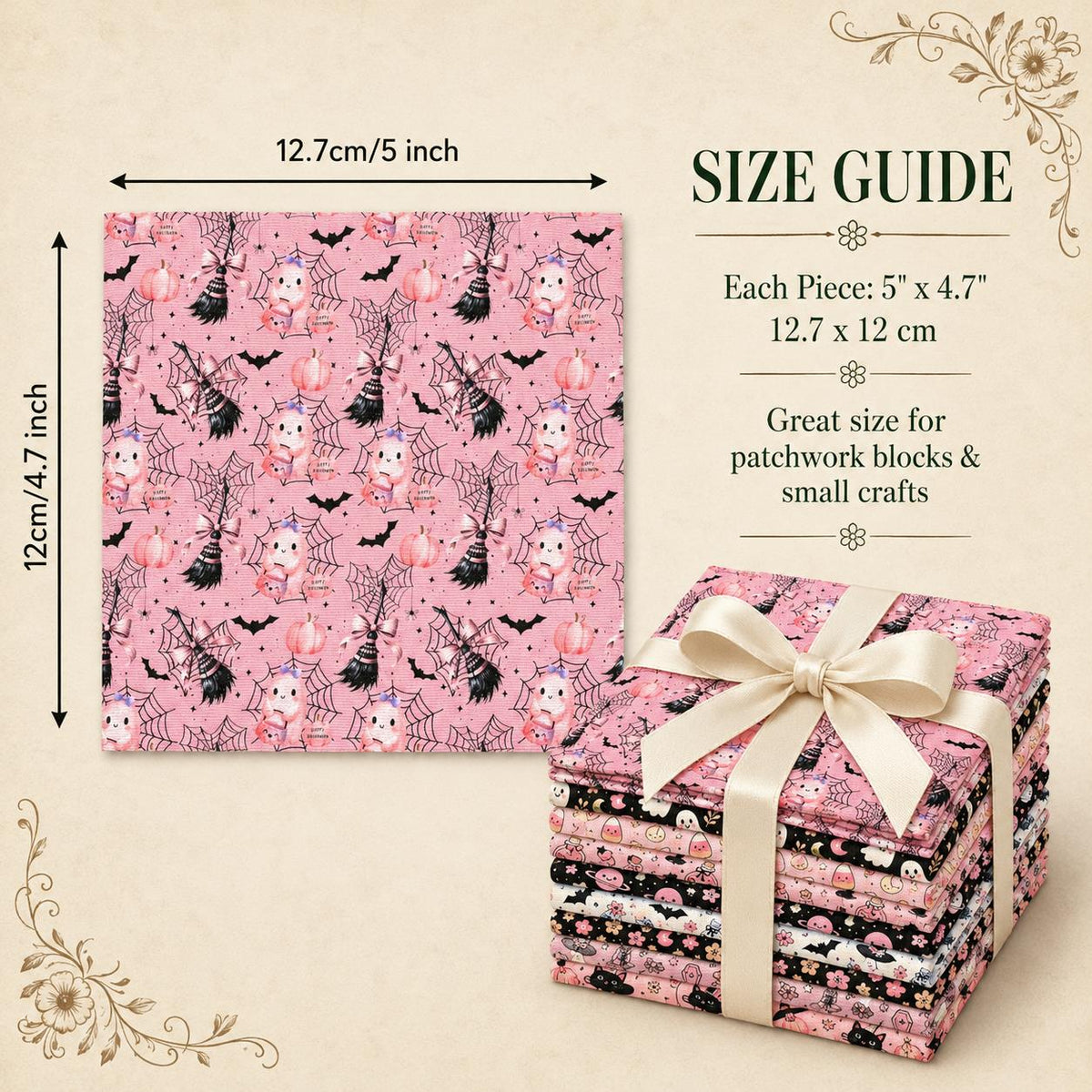 10Pc/Set Halloween Series Flower Bowknot Skull Pumpkin Cat Candy Cherry Mushroom Bat Rose Fat Quarter Fabric, Pre-Cut Square Fabric Assort, Fabric Set, Craft Fabric, Handmade DIY Patchwork Fabric,Home Quilting Sewing Fabric, Packaging Fabric, Scrapbooking