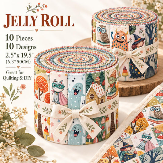 10pcs Vintage Cat Owl Monster Halloween Theme Jelly Roll Fabric Strips 2.5X19.7inch Pre-Cut 100% Polyester For Patchwork Quilts, Table Runners, Placemats, Tote Bags, Storage Pouches, Makeup Bags, Coasters, Quilt Blocks & Binding