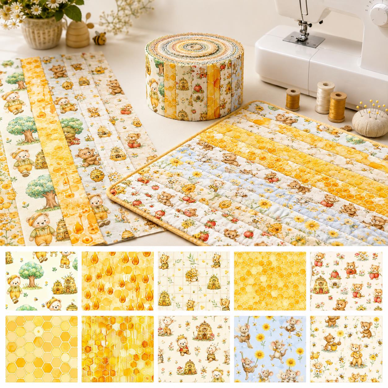 10Pc/Set, Making 10 Images 1pc Each, Each Size: 6.3*50cm Bear Honey Yellow Series Sliced Fabric Set Style Combination, Polyester Jelly Roll Fabric Strips, Pre-Cut Quilting Squares, For Quilting DIY, Handicrafts And Sewing, Blankets, Rugs